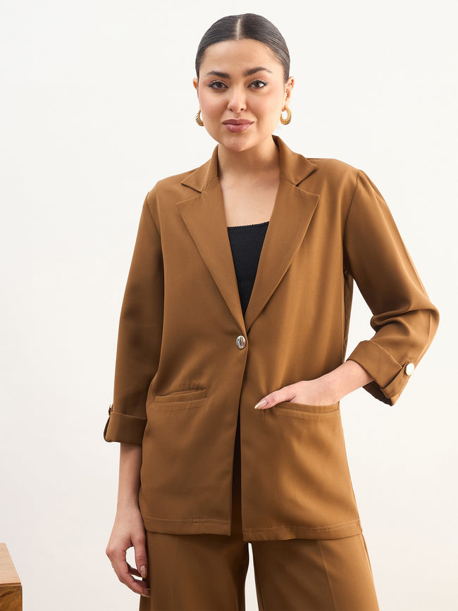Women Tan Brown Front Button Notch Collar Blazer