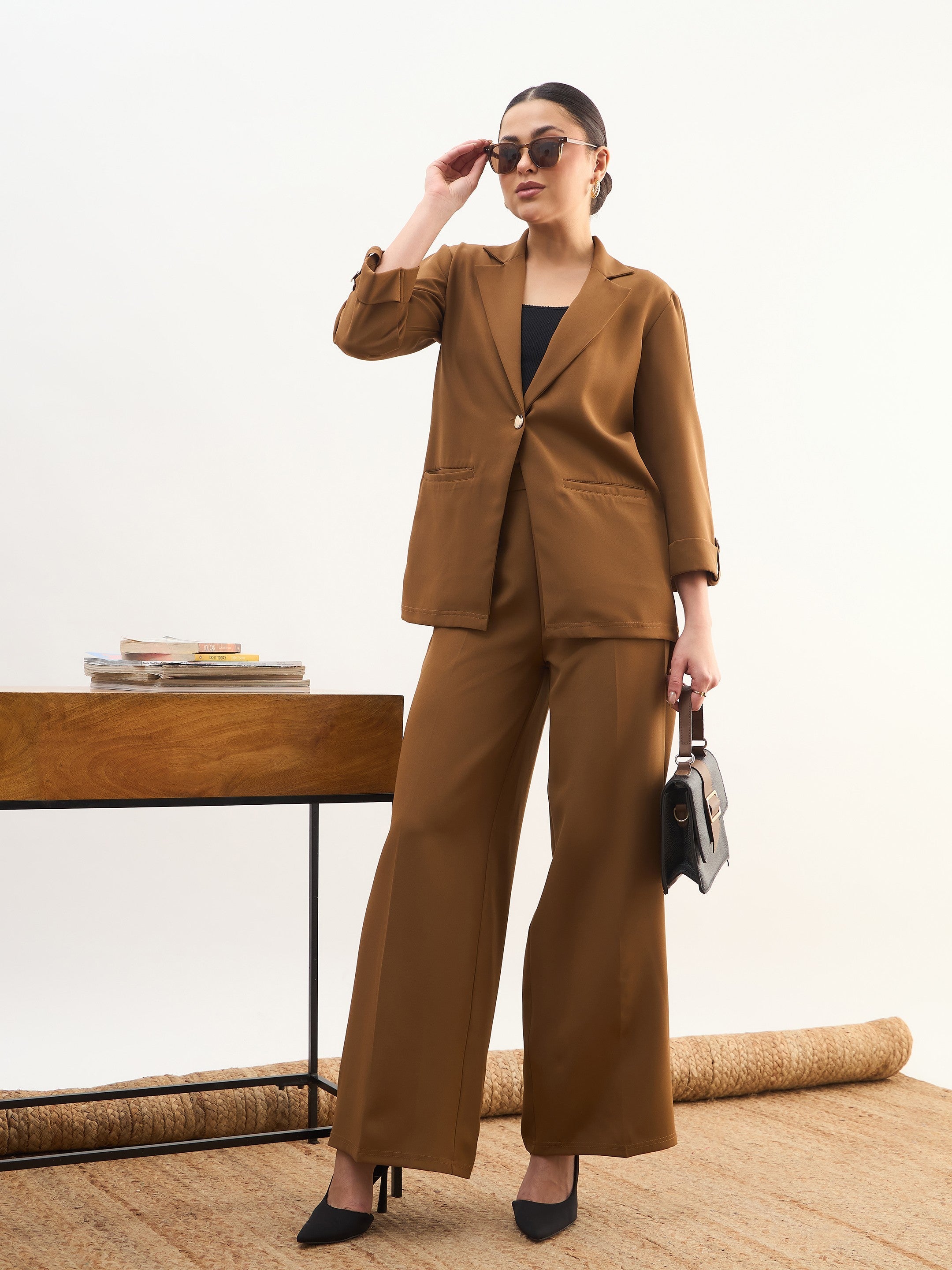 Women Tan Brown Front Button Notch Collar Blazer