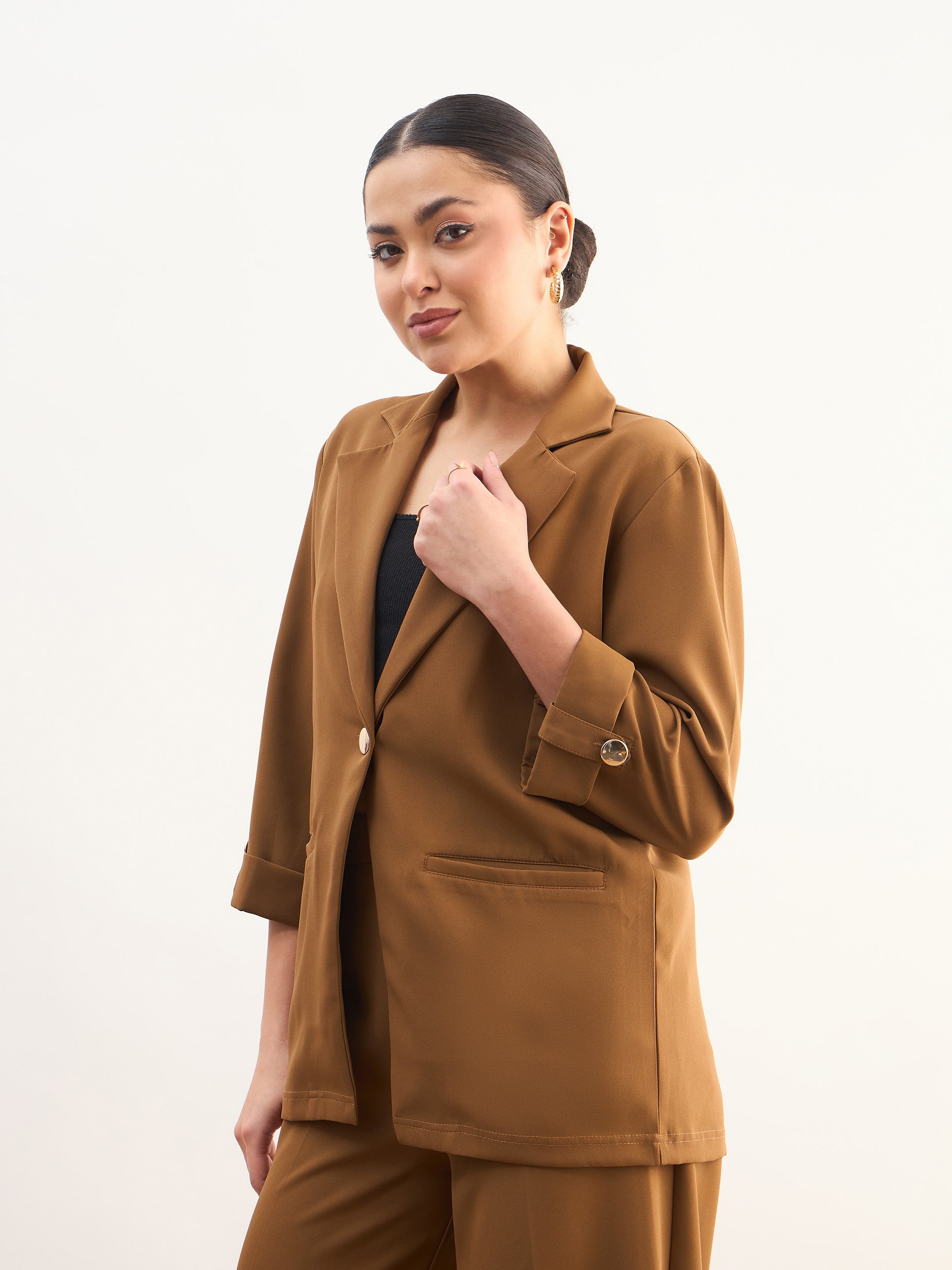 Women Tan Brown Front Button Notch Collar Blazer