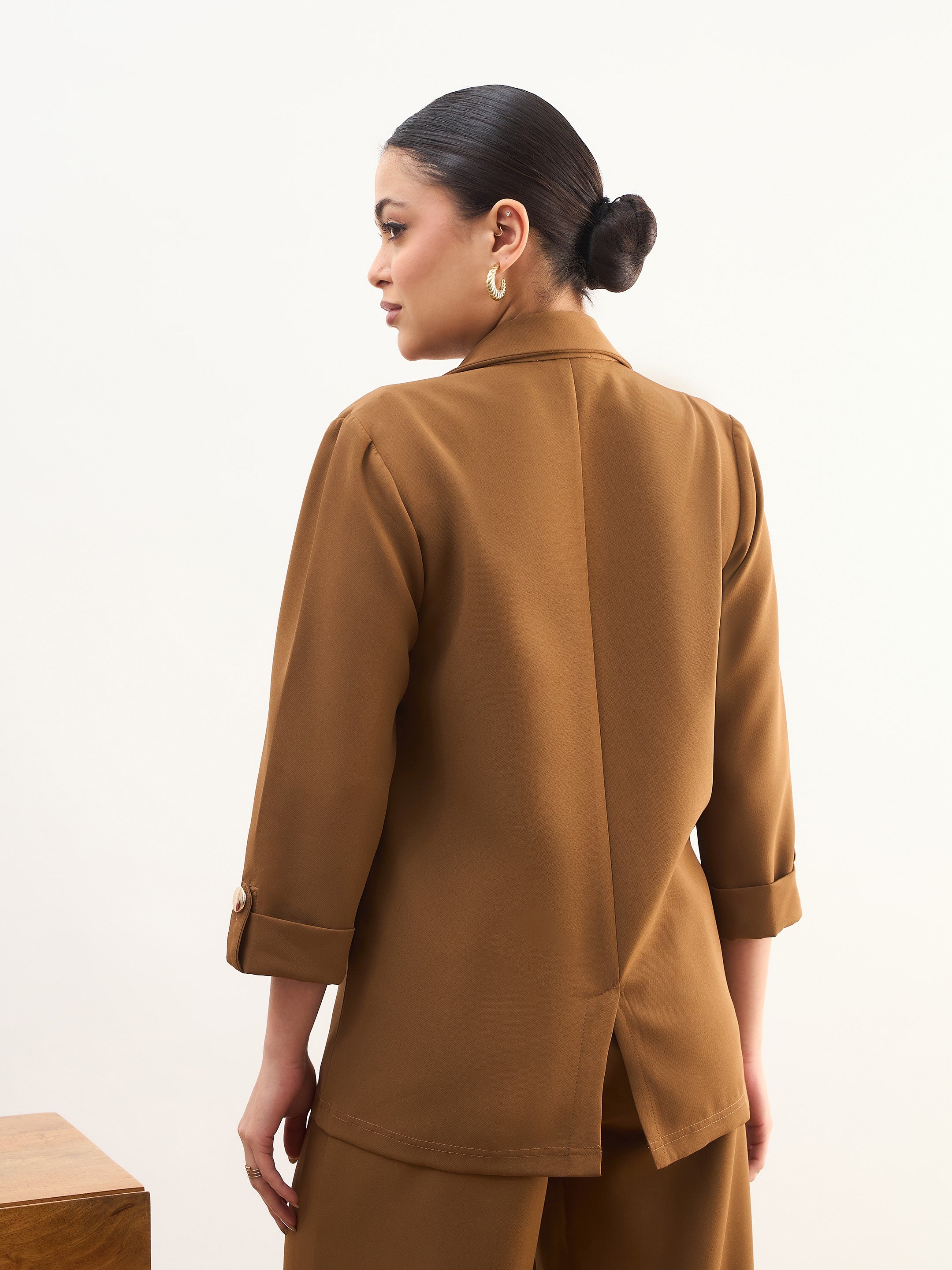 Women Tan Brown Front Button Notch Collar Blazer