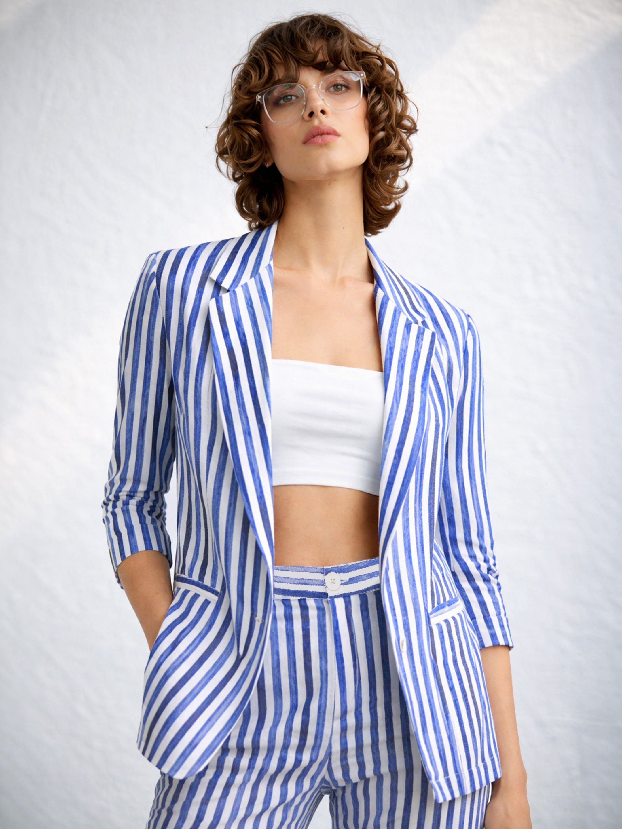 Women Blue Linen Striped Front Open Blazer