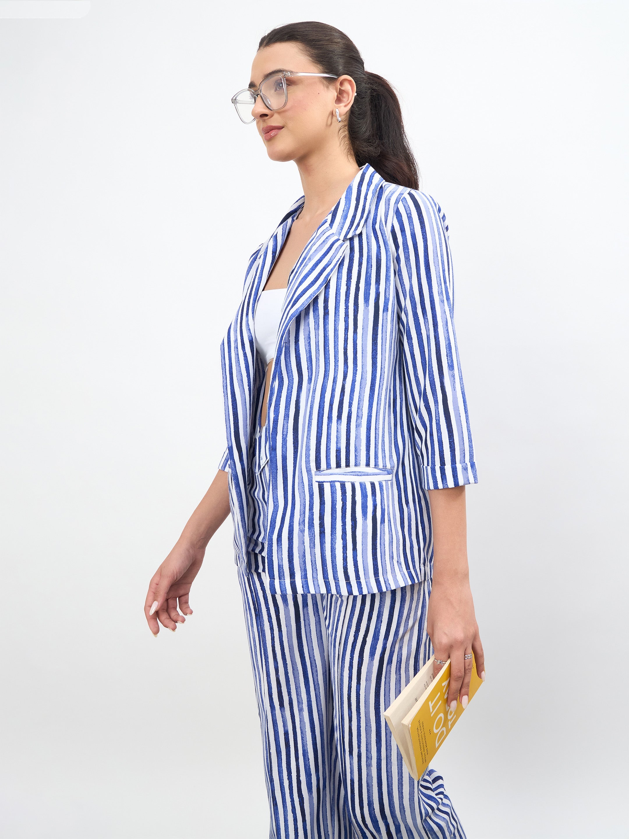 Women Blue Linen Striped Front Open Blazer