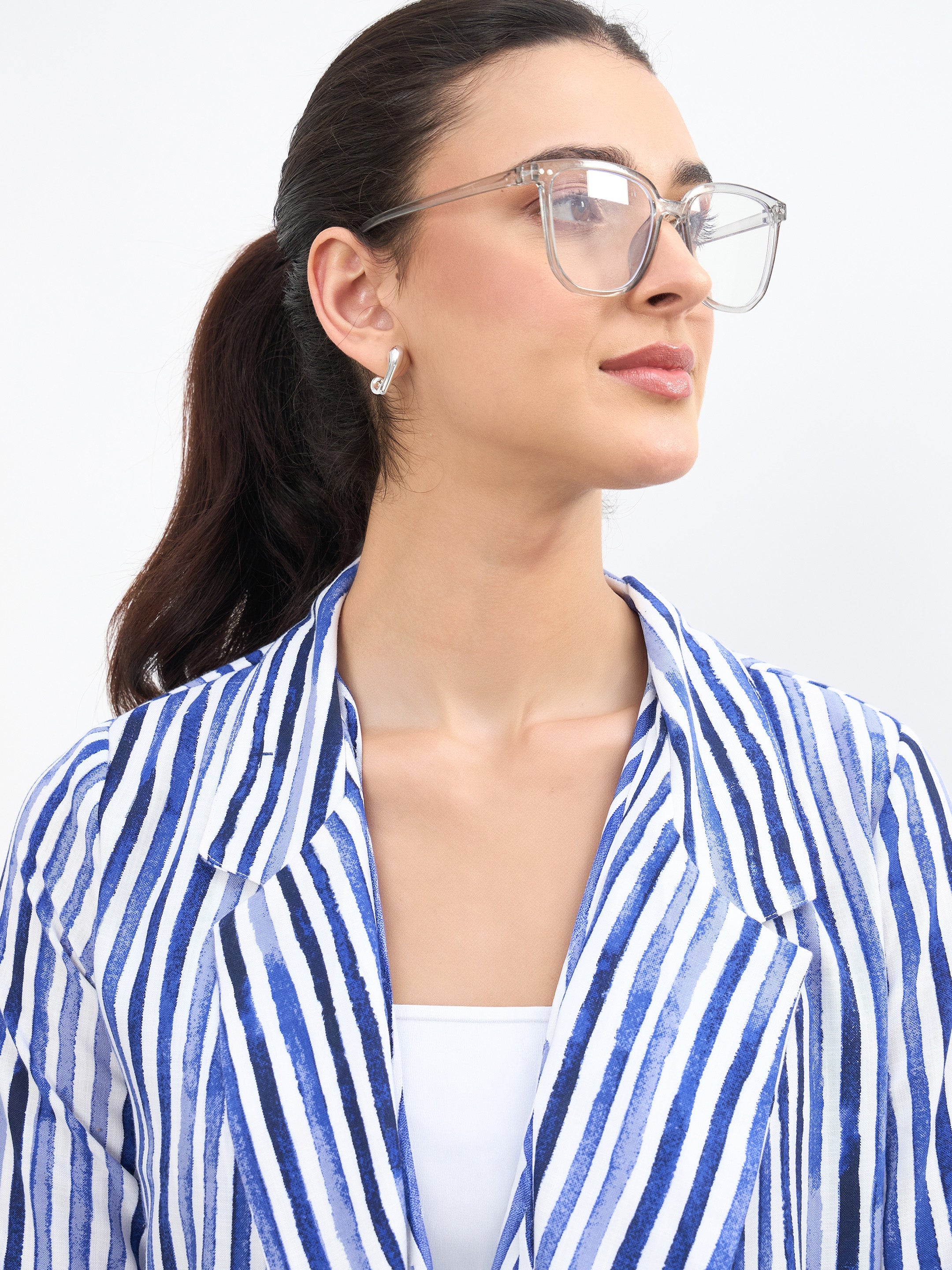 Women Blue Linen Striped Front Open Blazer