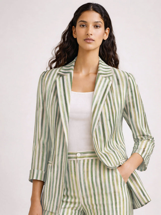 Women Green Linen Striped Front Open Blazer