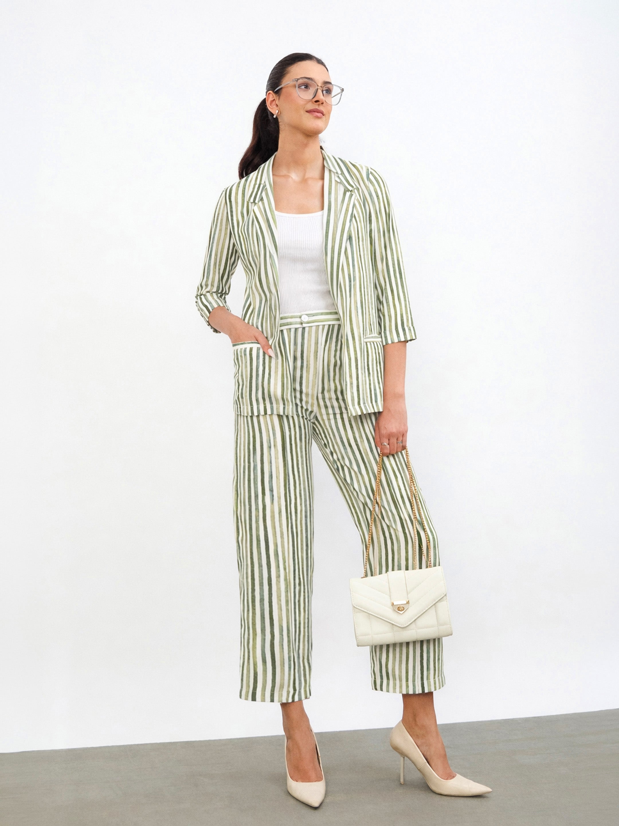 Women Green Linen Striped Front Open Blazer