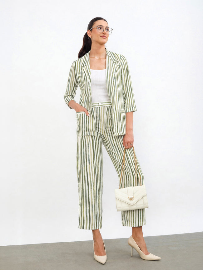 Women Green Linen Striped Front Open Blazer
