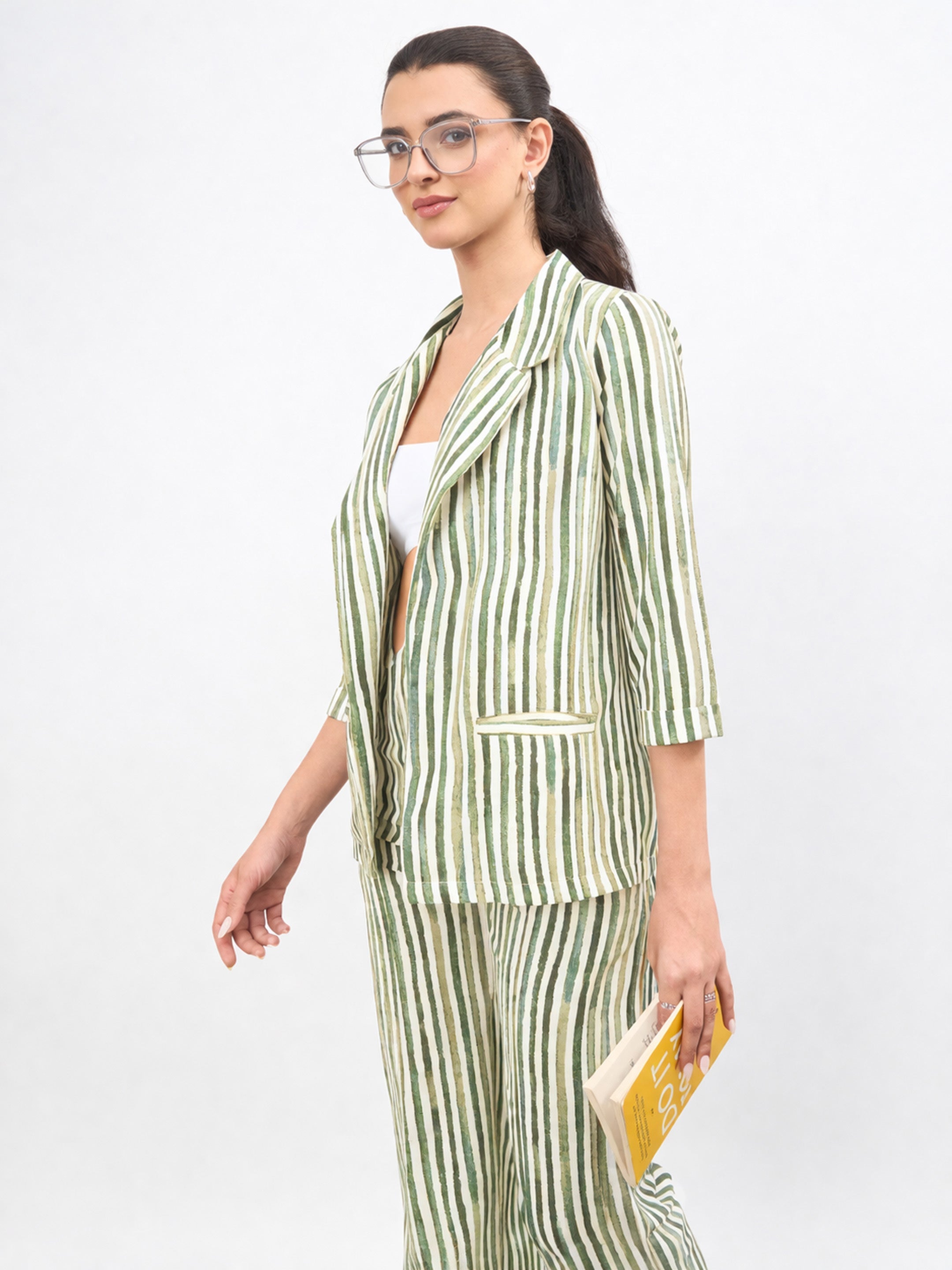 Women Green Linen Striped Front Open Blazer