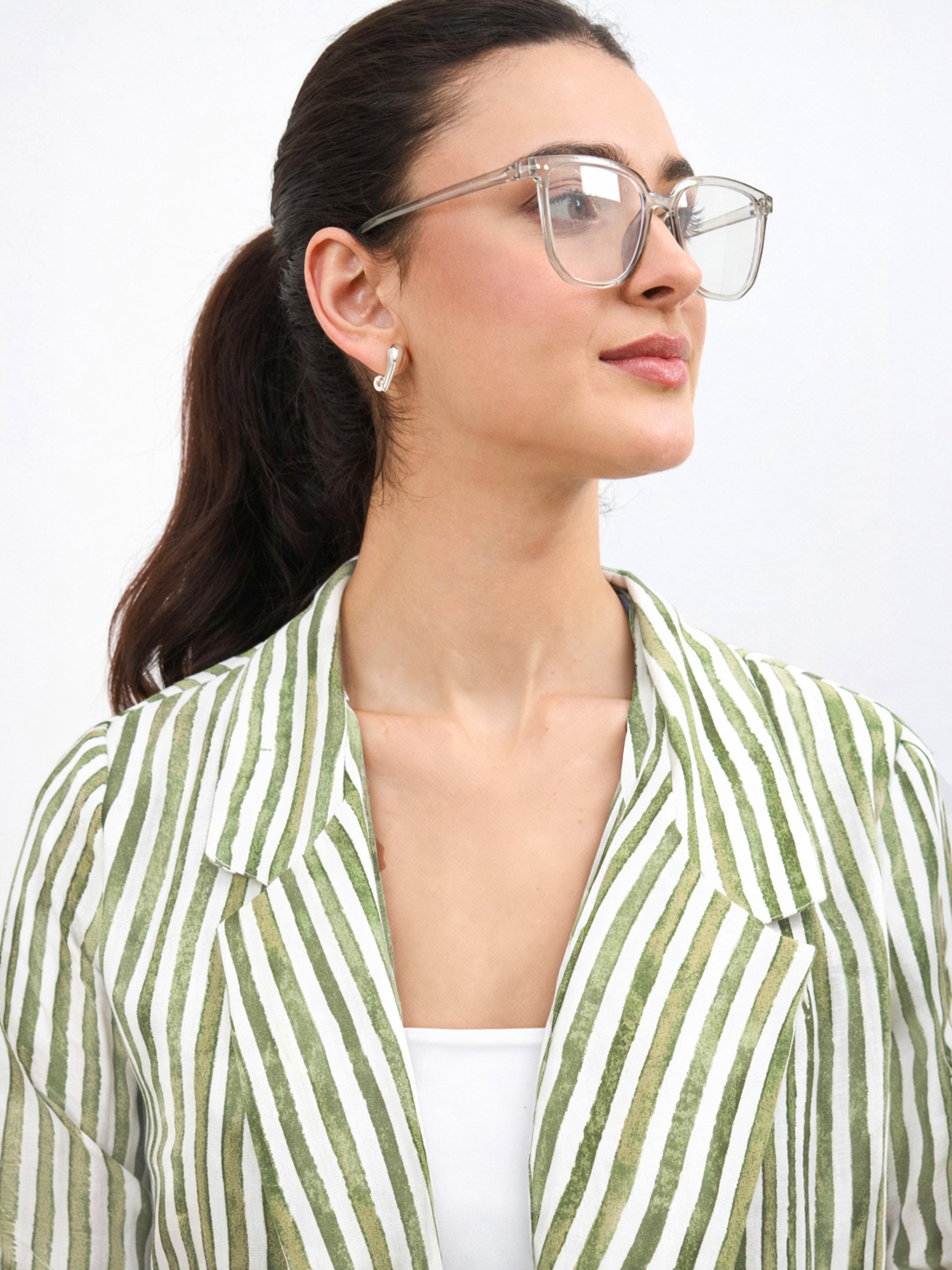 Women Green Linen Striped Front Open Blazer