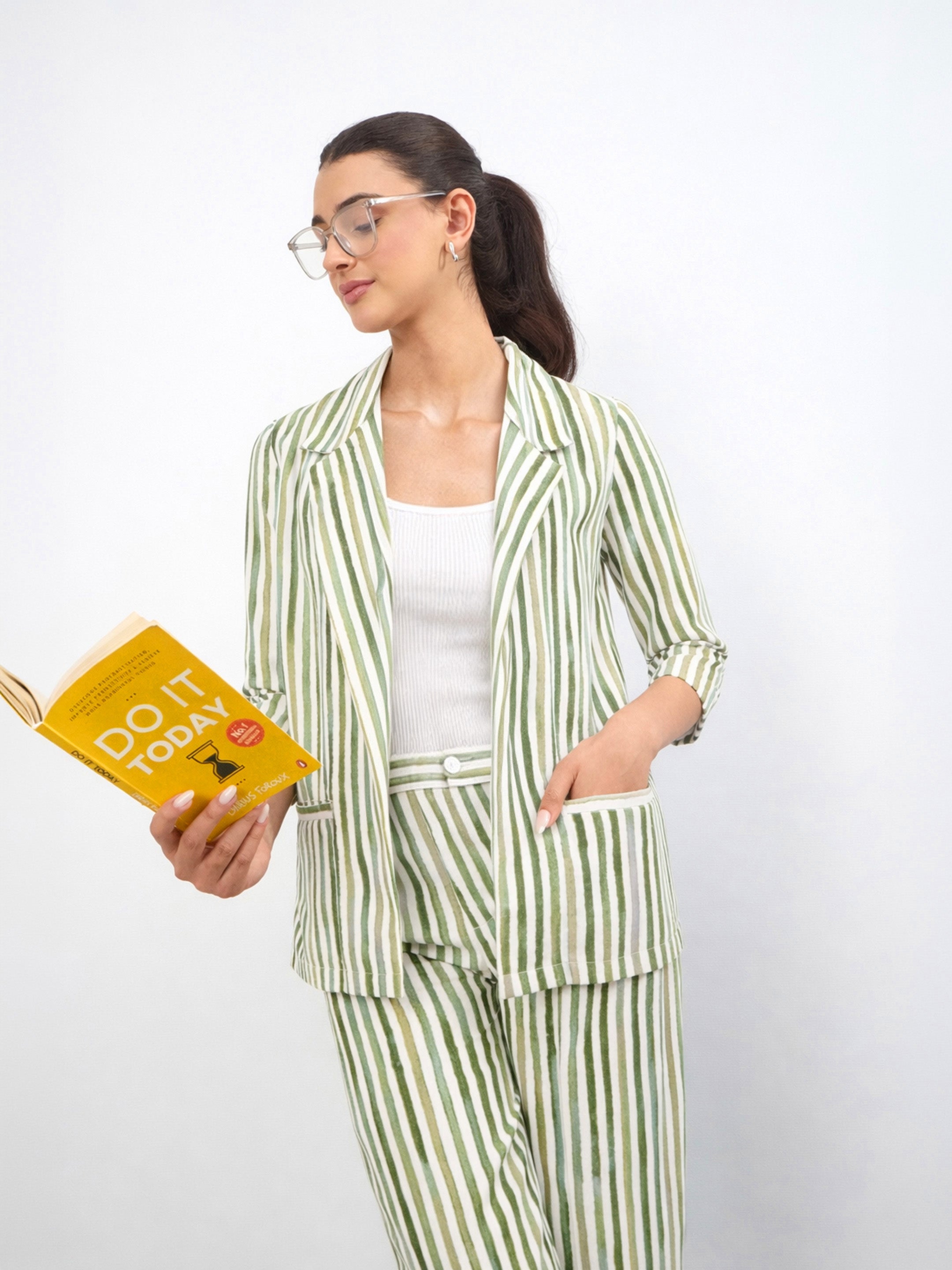 Women Green Linen Striped Front Open Blazer