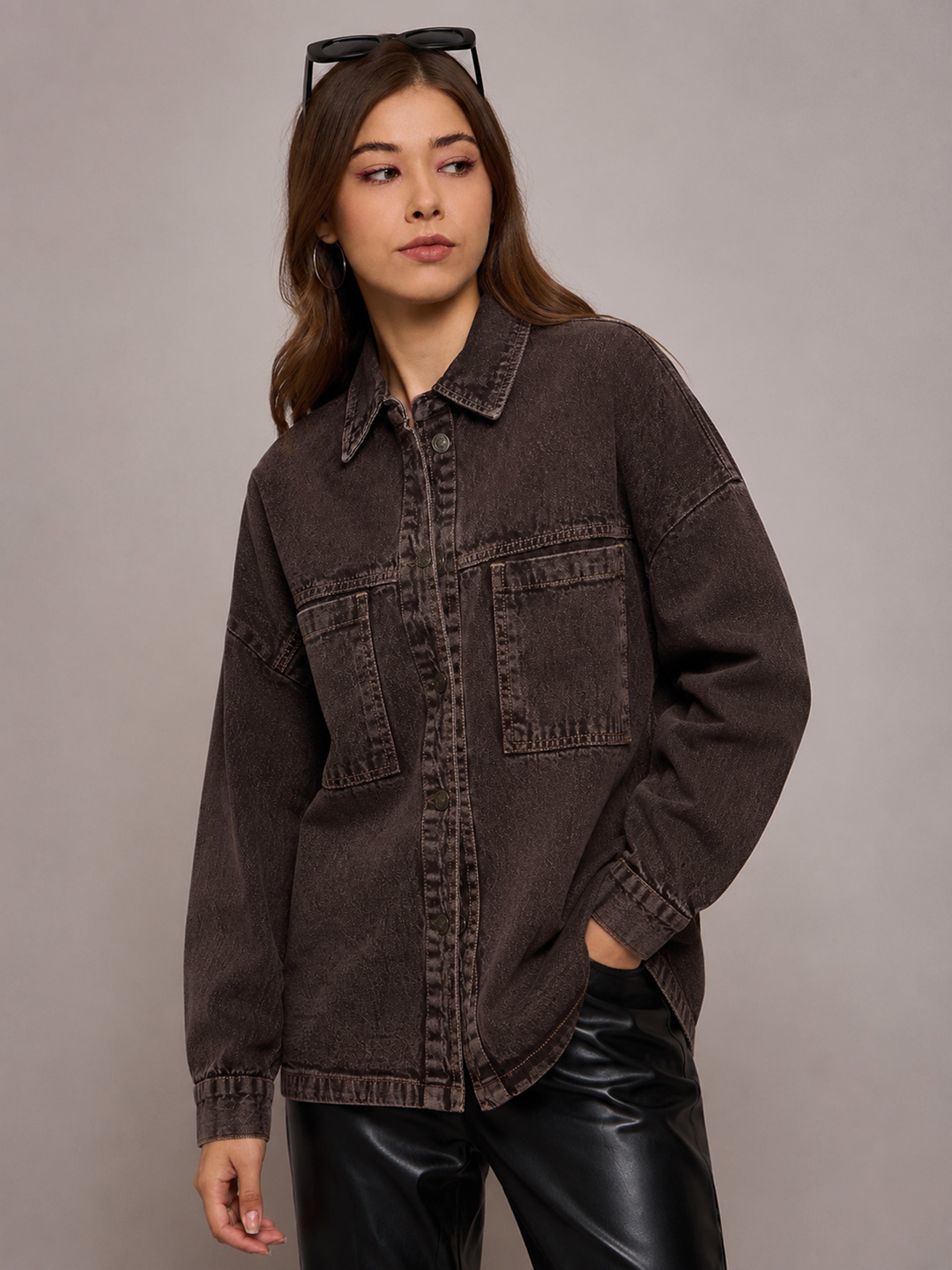 Women Brown Denim Oversized Jacket