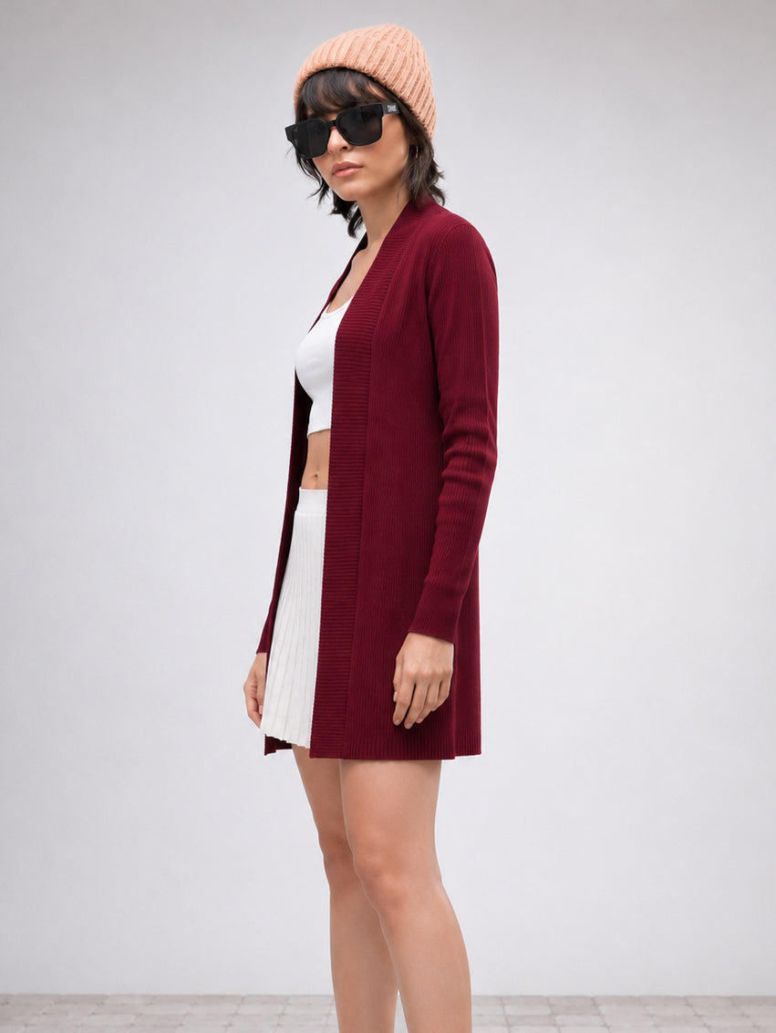 Women Maroon Full Sleeves Rib Shrug
