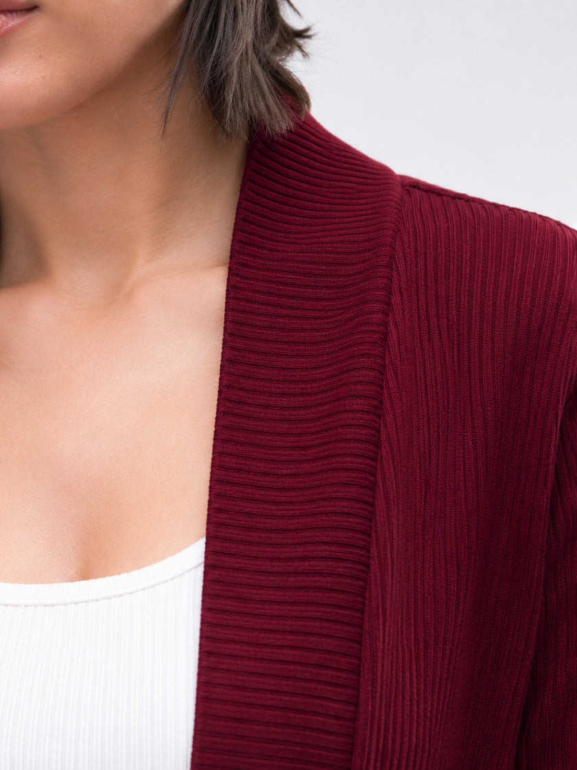 Women Maroon Full Sleeves Rib Shrug