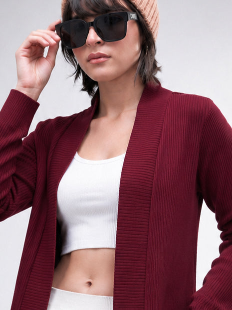 Women Maroon Full Sleeves Rib Shrug