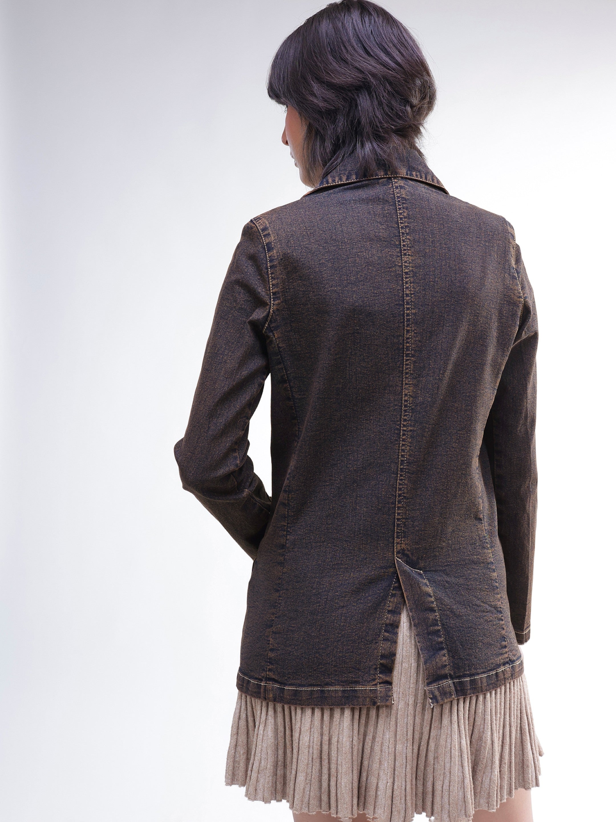 Women Navy With Green Acid Wash Notch Collar Oversize Blazer