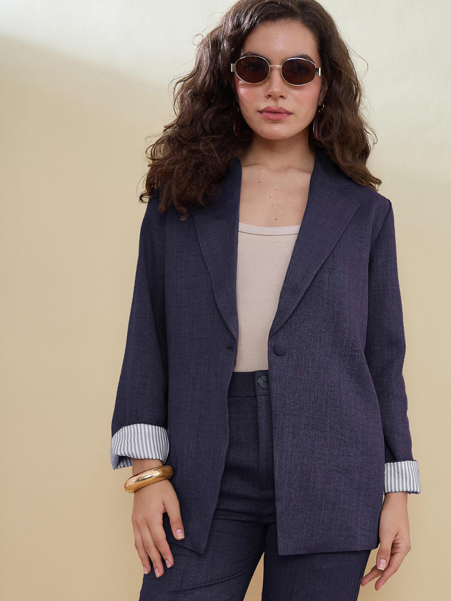 Women Navy Linen Single Breasted Blazer