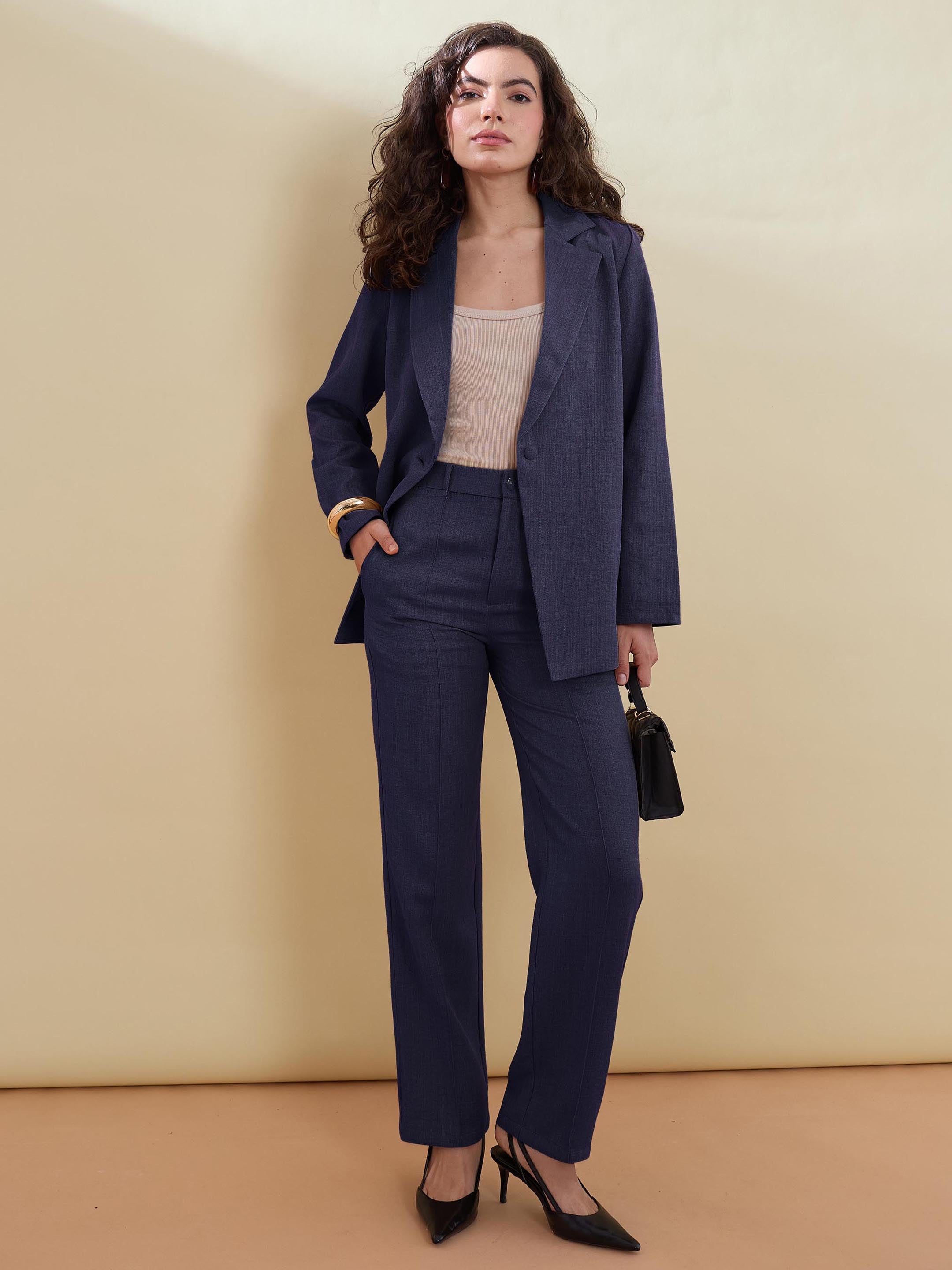Women Navy Linen Single Breasted Blazer