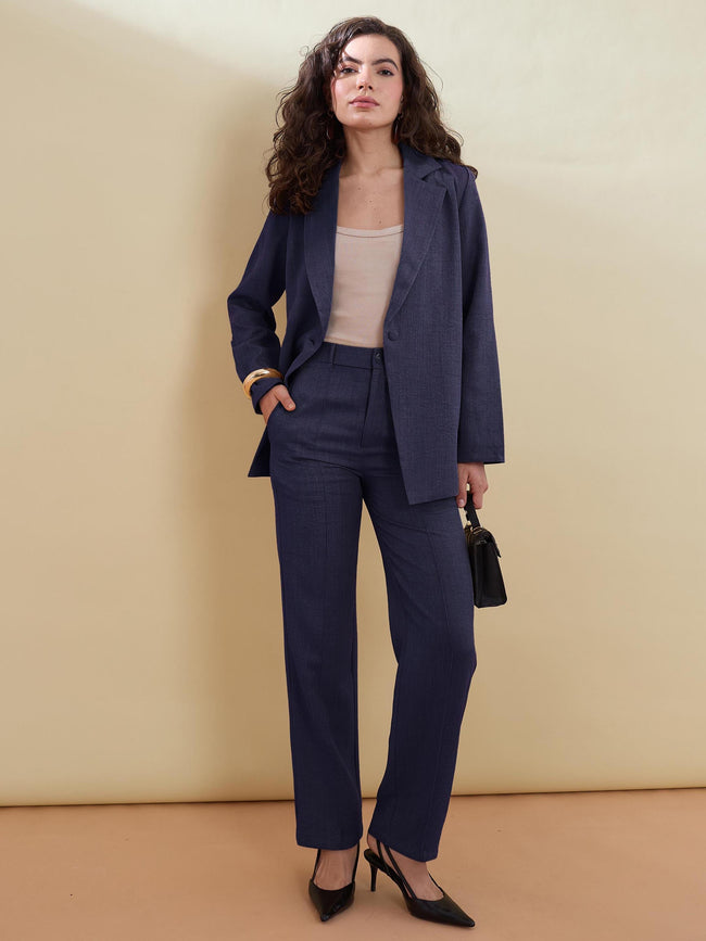 Women Navy Linen Single Breasted Blazer