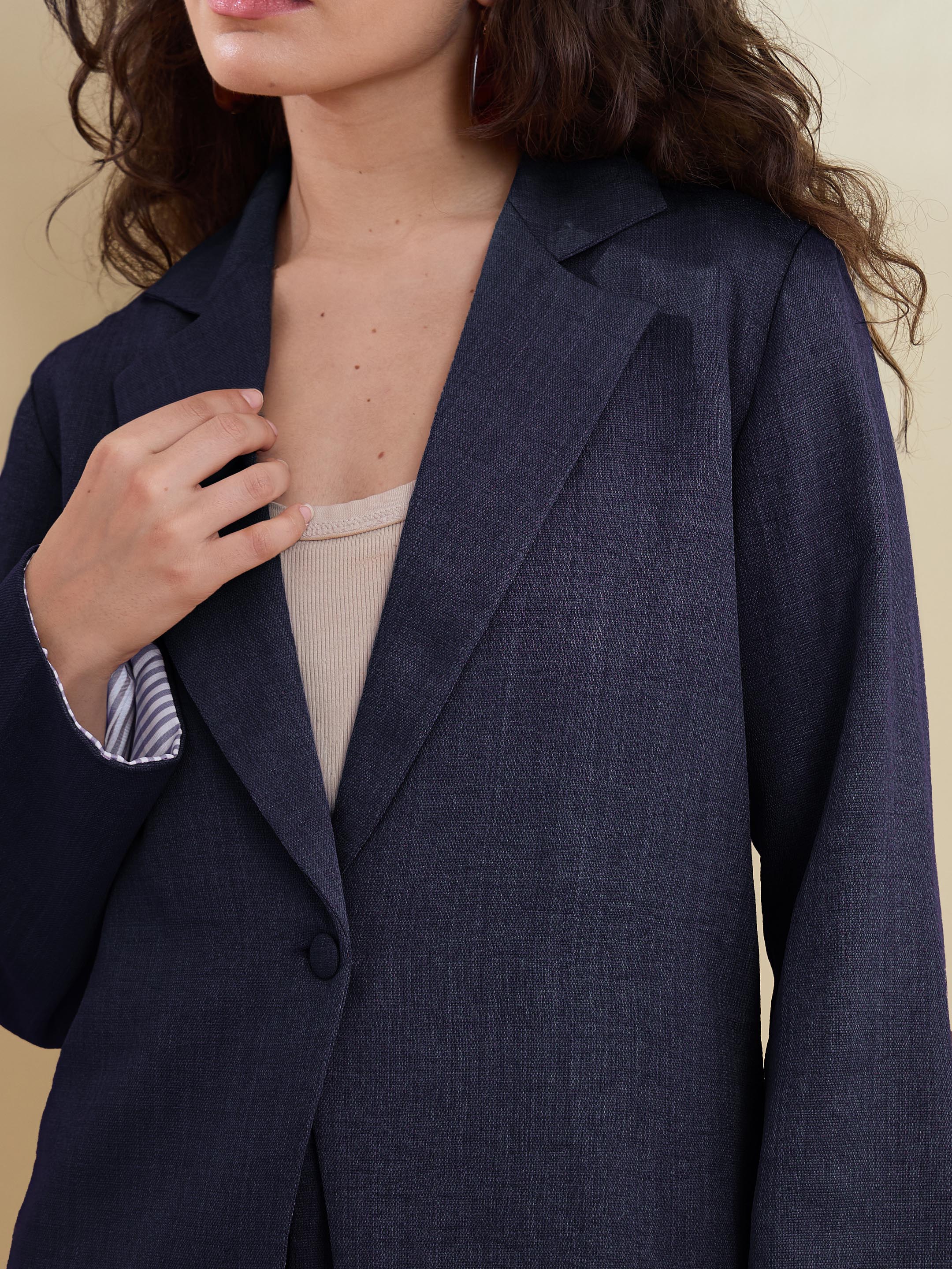Women Navy Linen Single Breasted Blazer
