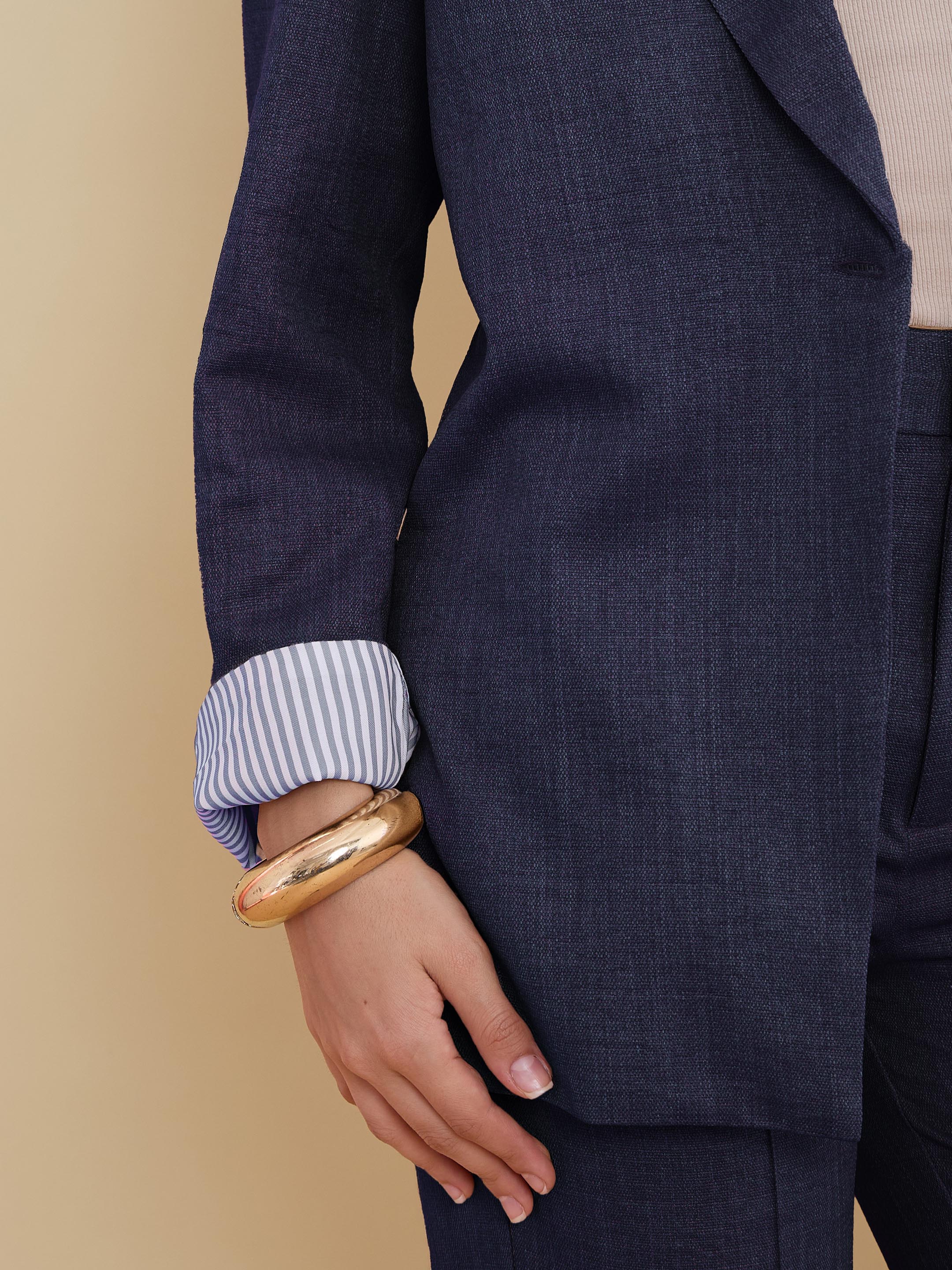 Women Navy Linen Single Breasted Blazer