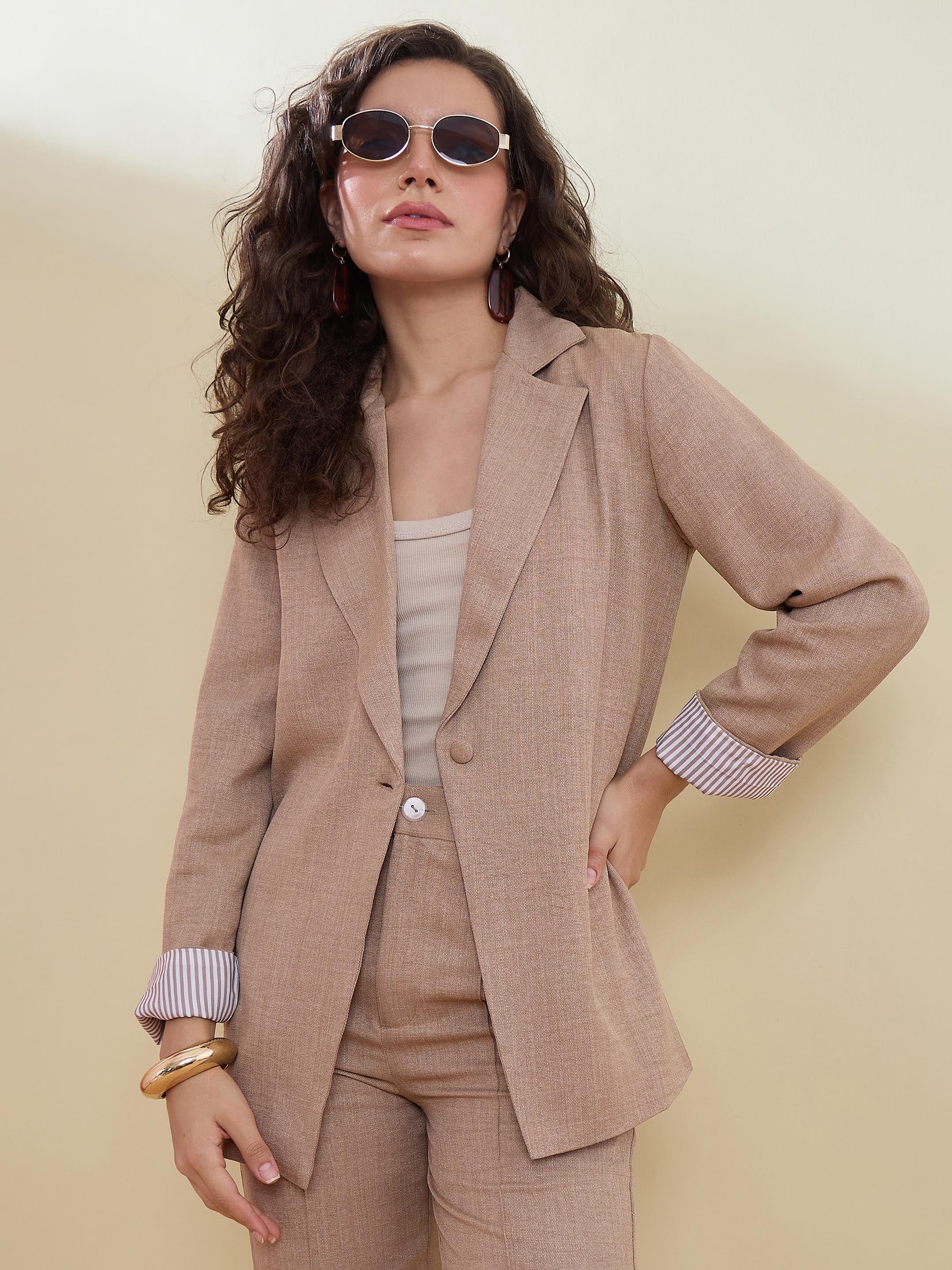 Women Beige Linen Single Breasted Blazer
