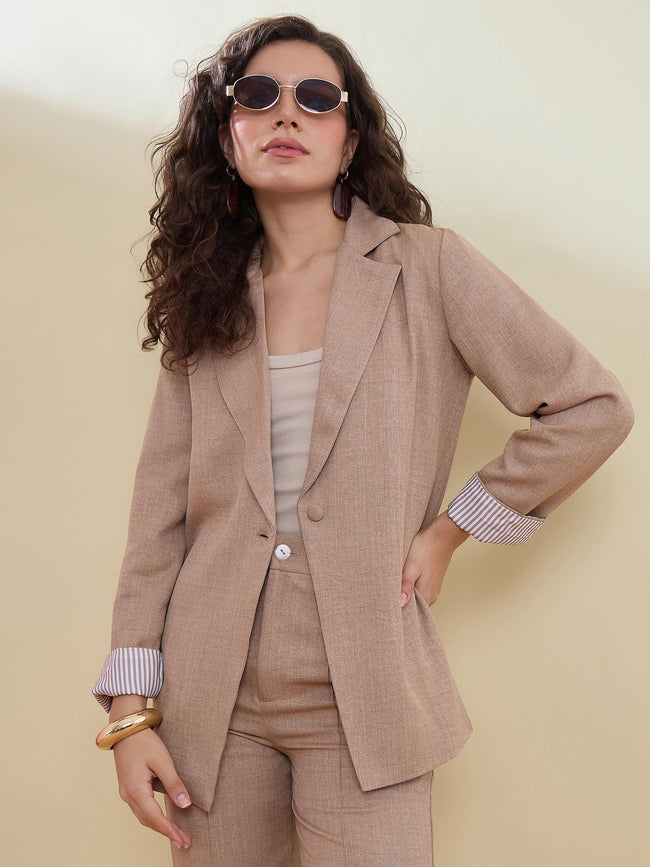 Women Beige Linen Single Breasted Blazer