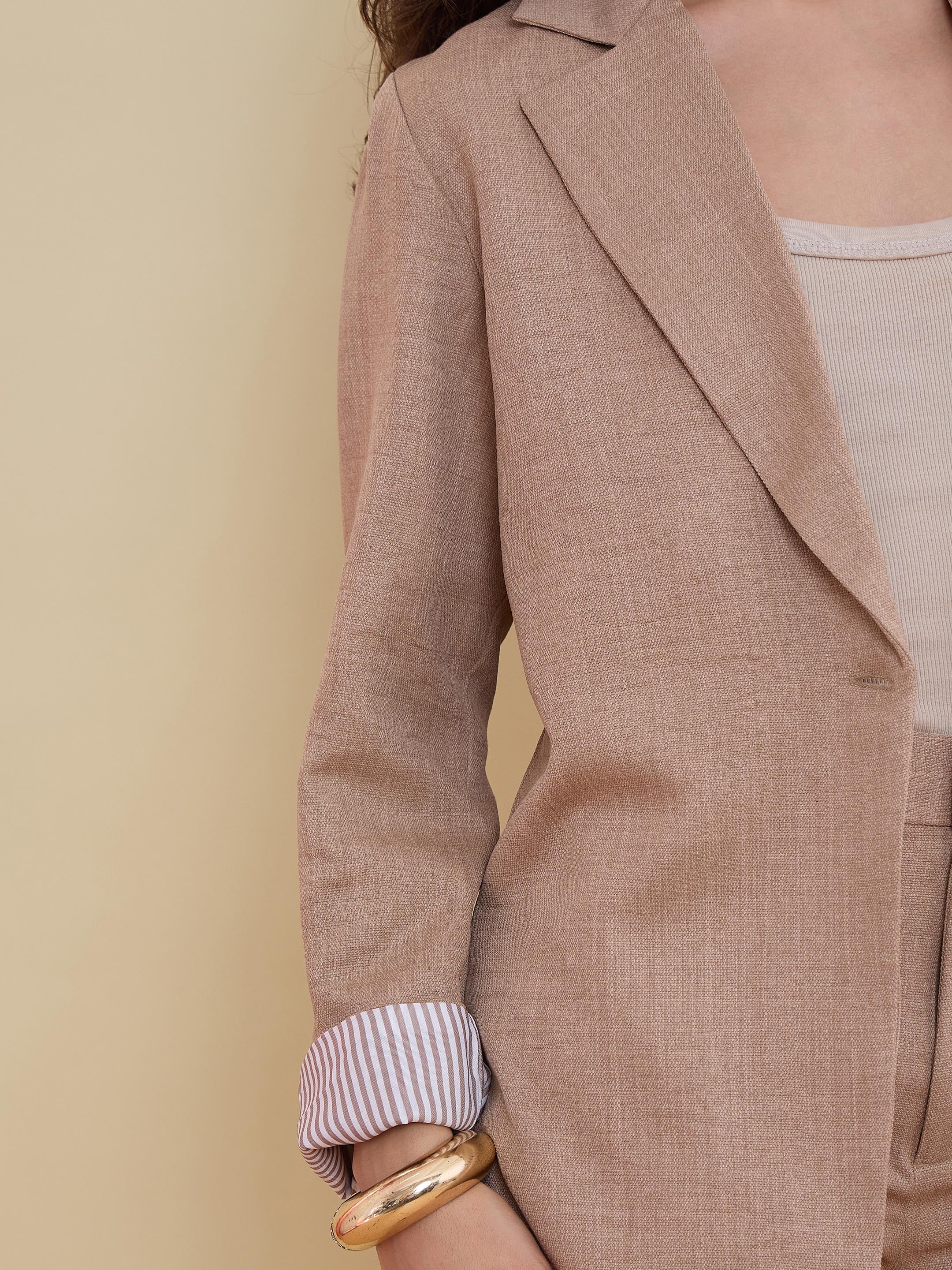 Women Beige Linen Single Breasted Blazer