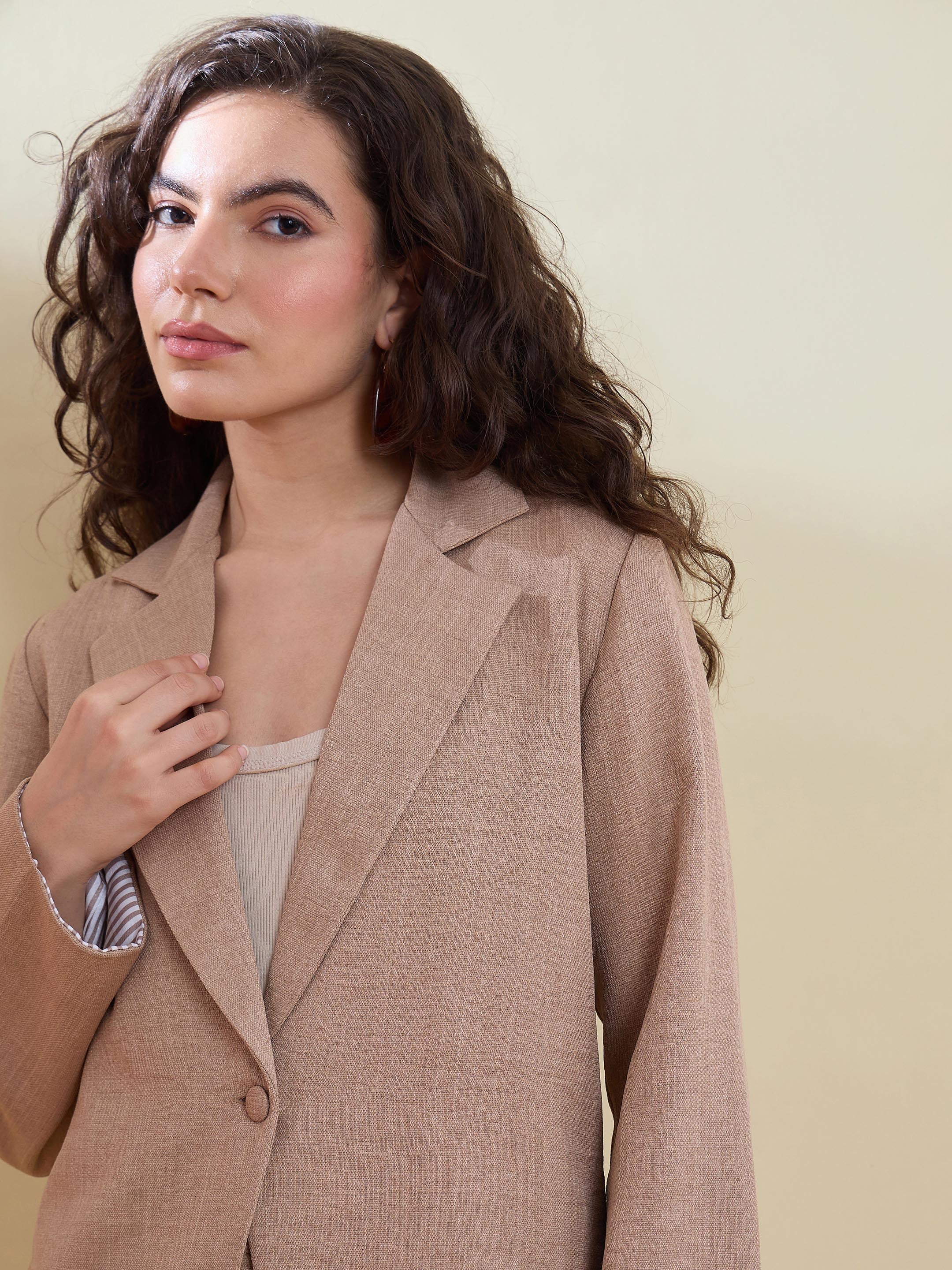 Women Beige Linen Single Breasted Blazer