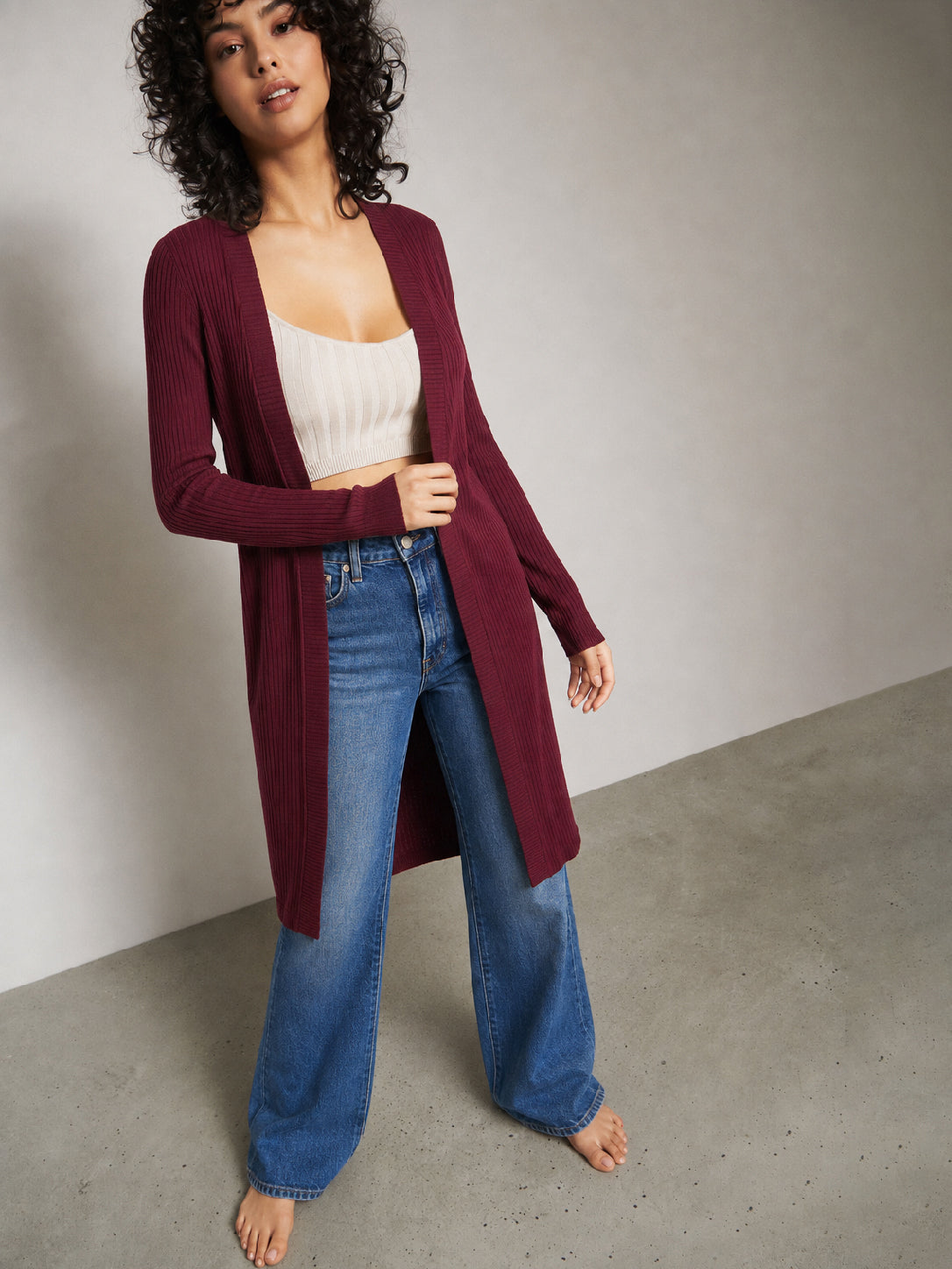Women Burgundy Rib Front Open Shrug