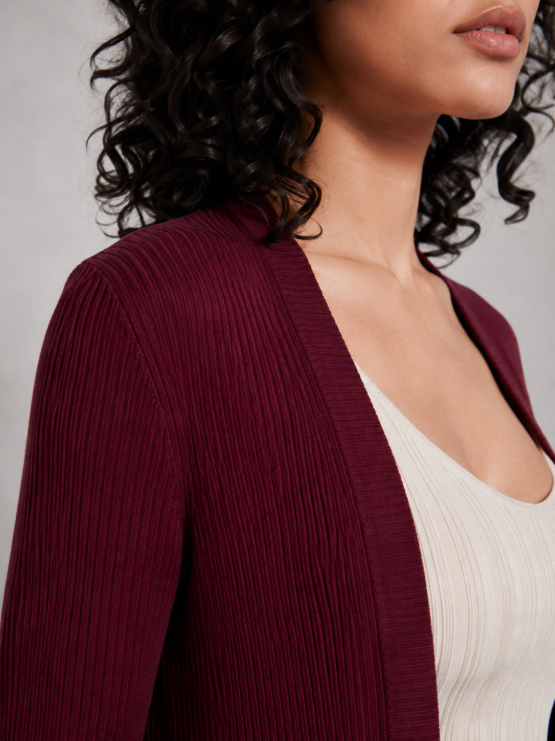 Women Burgundy Rib Front Open Shrug