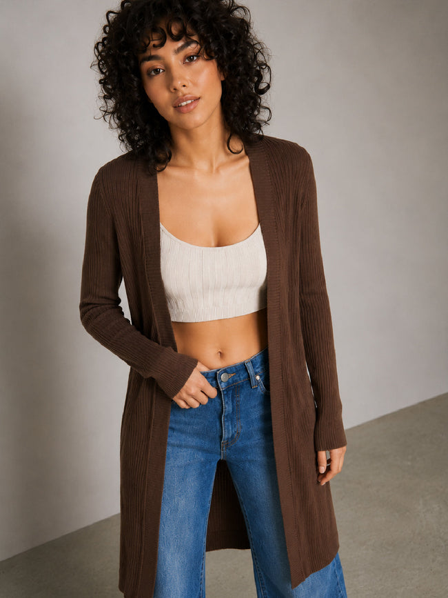 Women Brown Rib Front Open Shrug