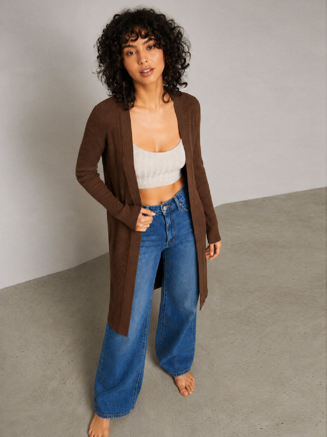 Women Brown Rib Front Open Shrug