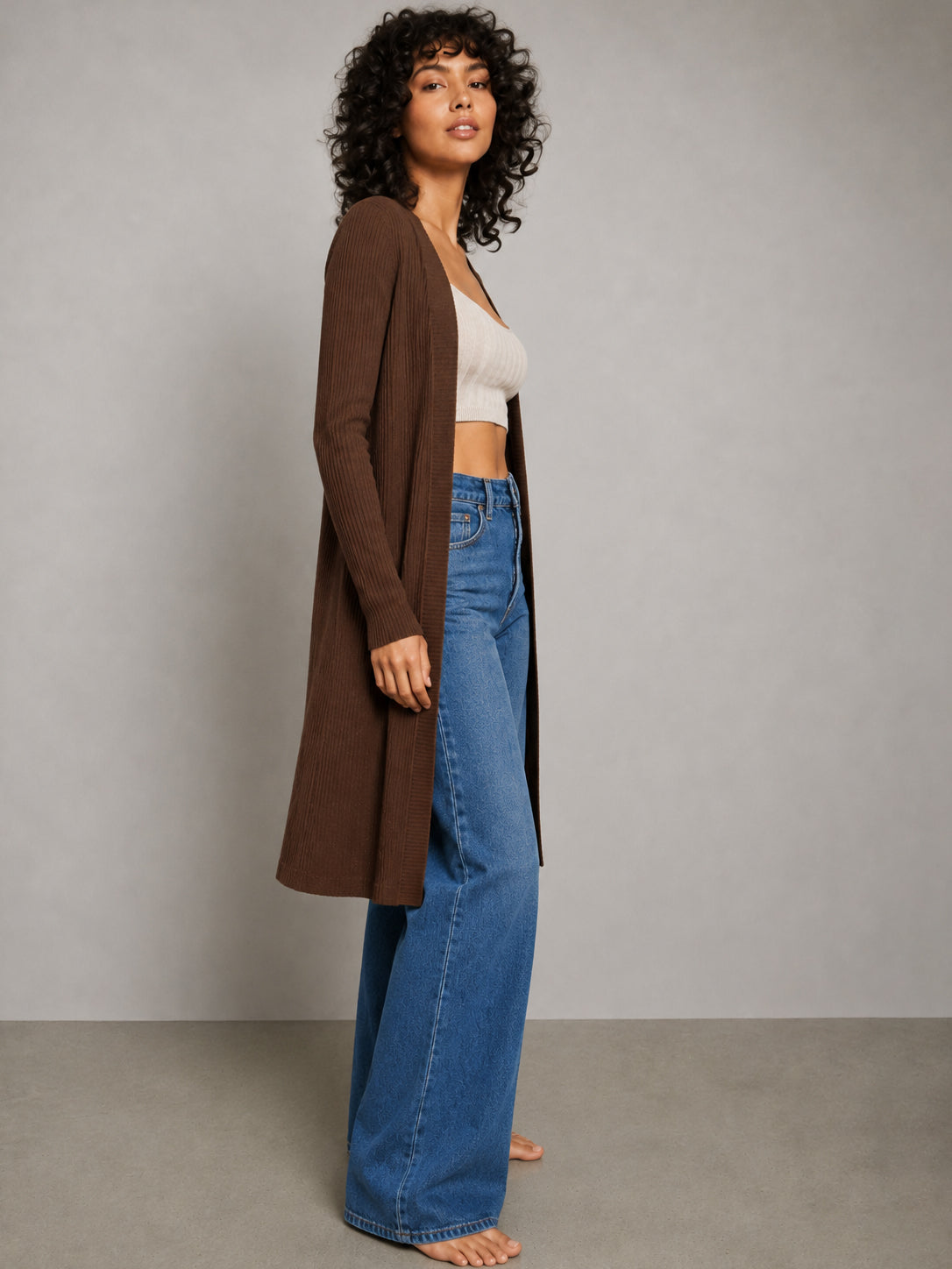 Women Brown Rib Front Open Shrug