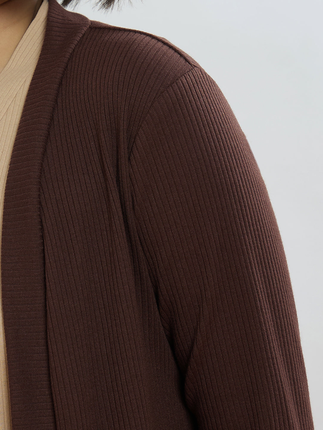 Women Brown Rib Front Open Shrug