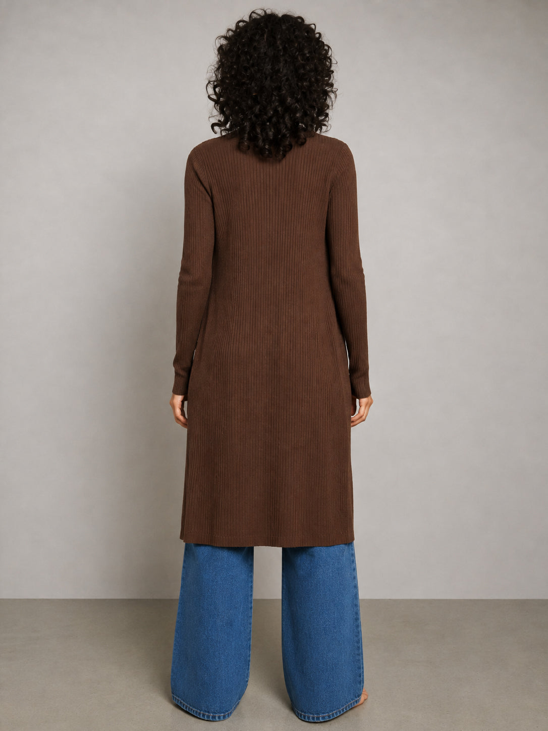 Women Brown Rib Front Open Shrug