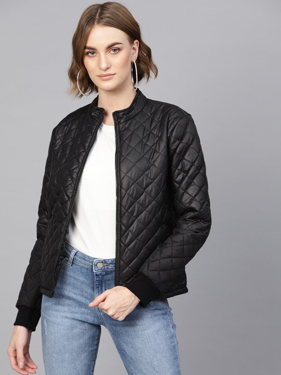 Women Black Quilted Jacket With Zip