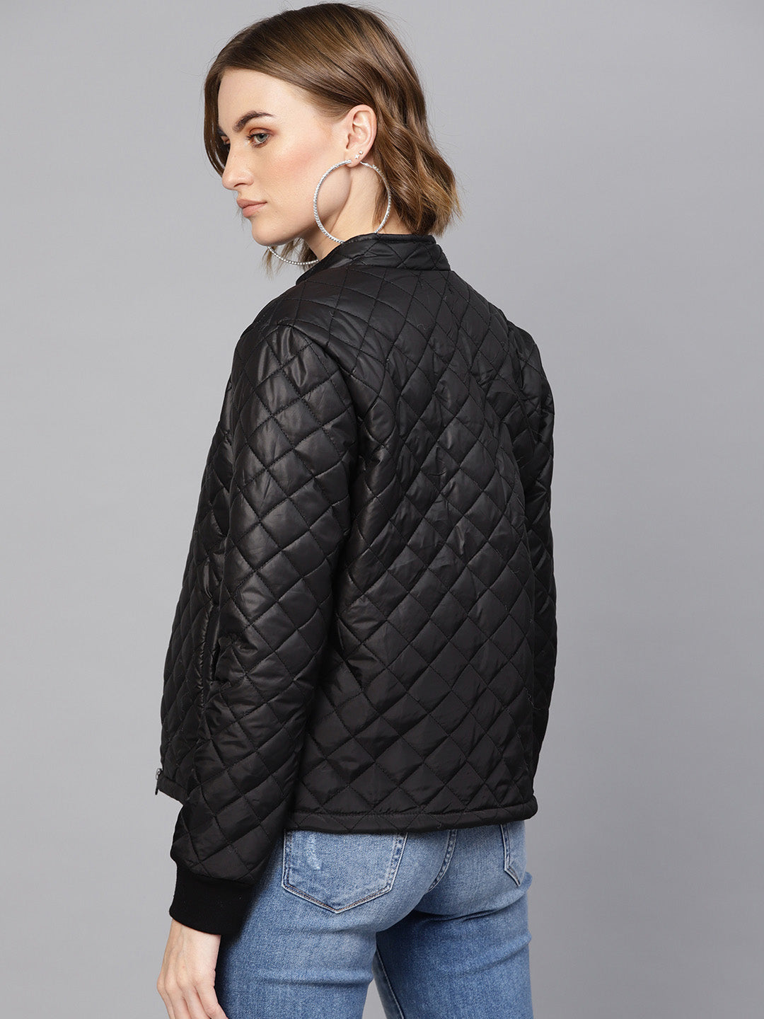 Women Black Quilted Jacket With Zip