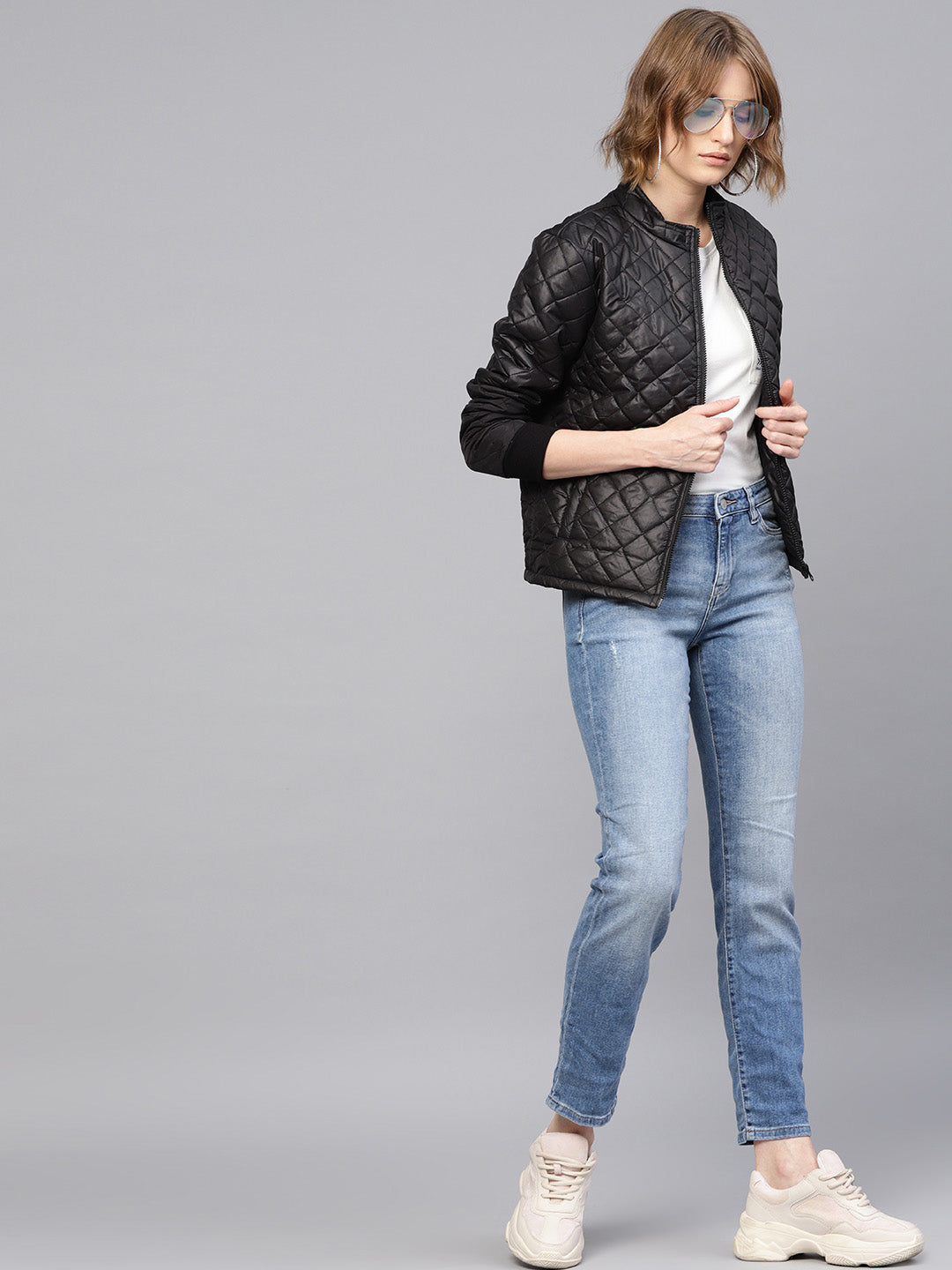 Women Black Quilted Jacket With Zip