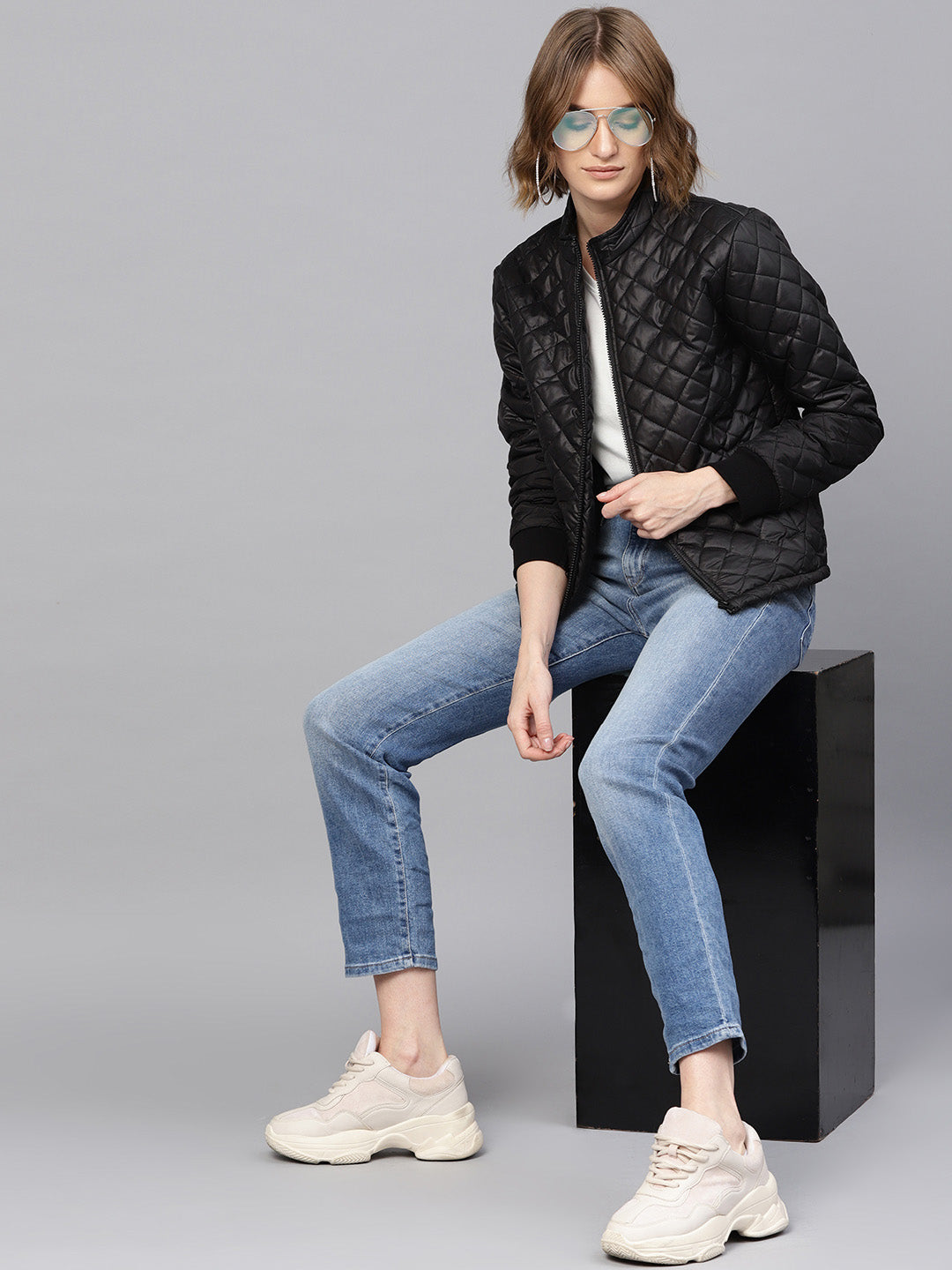 Women Black Quilted Jacket With Zip