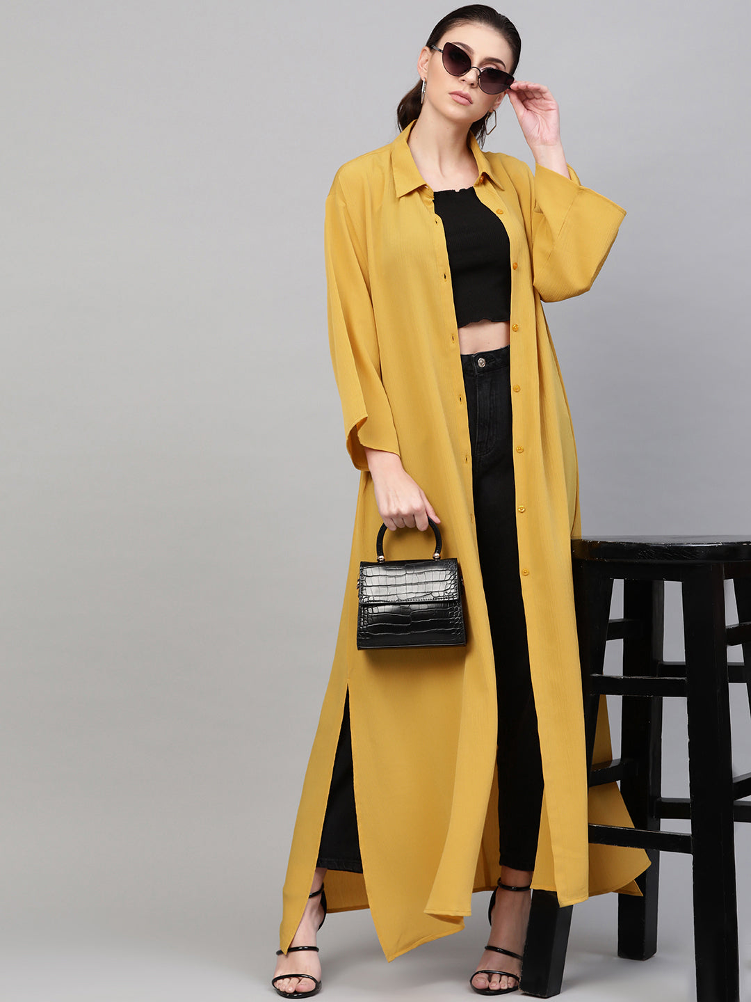 Women Mustard Button Placket Longline Shrug