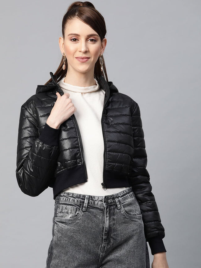 Women Black Hooded Crop Bomber Puffer Jacket