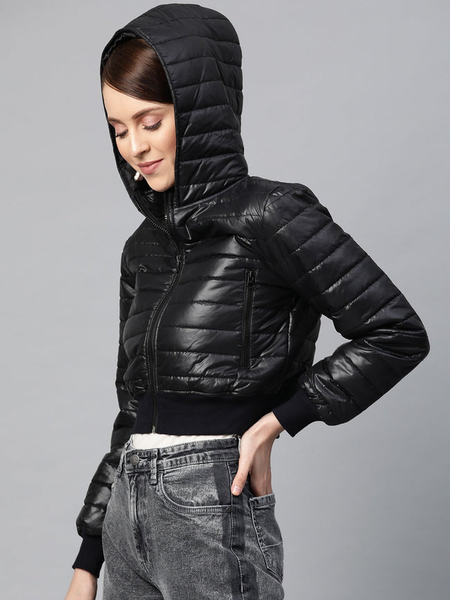 Women Black Hooded Crop Bomber Puffer Jacket