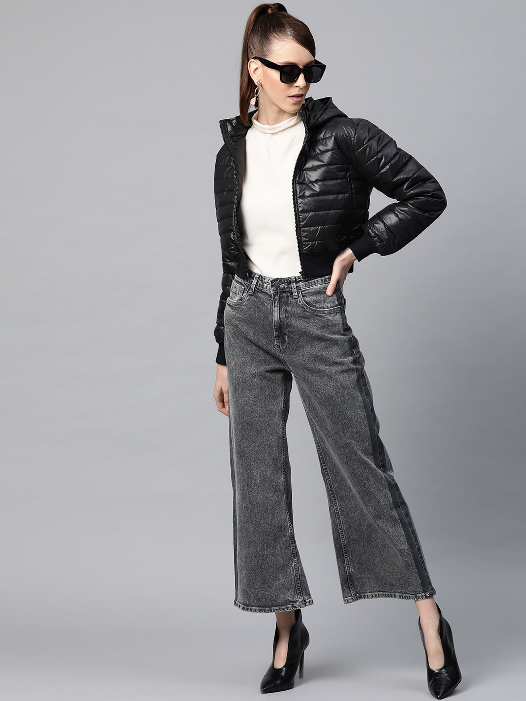 Women Black Hooded Crop Bomber Puffer Jacket