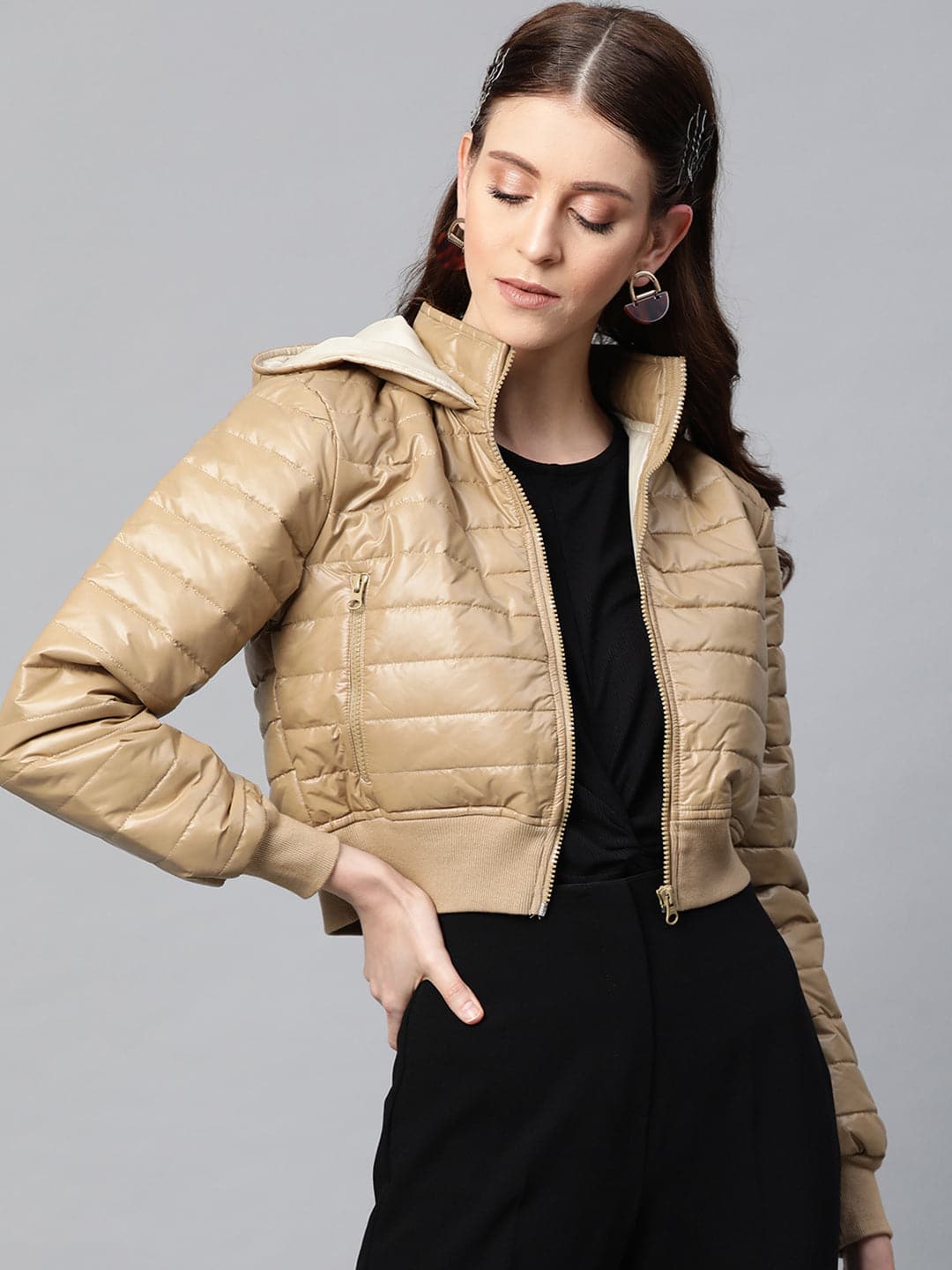 Women Khaki Hooded Crop Bomber Puffer Jacket