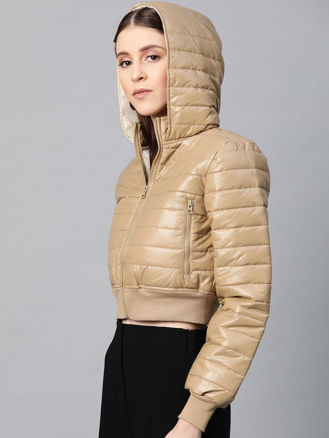 Women Khaki Hooded Crop Bomber Puffer Jacket