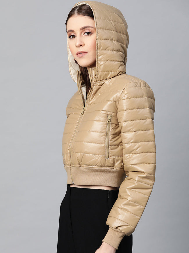 Women Khaki Hooded Crop Bomber Puffer Jacket