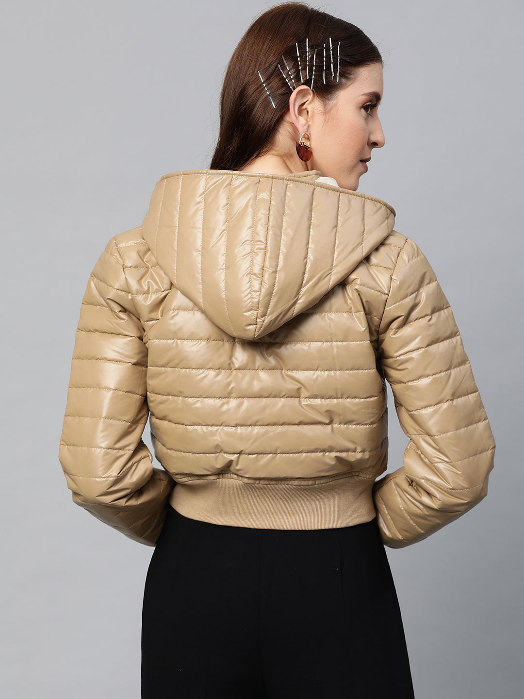 Women Khaki Hooded Crop Bomber Puffer Jacket