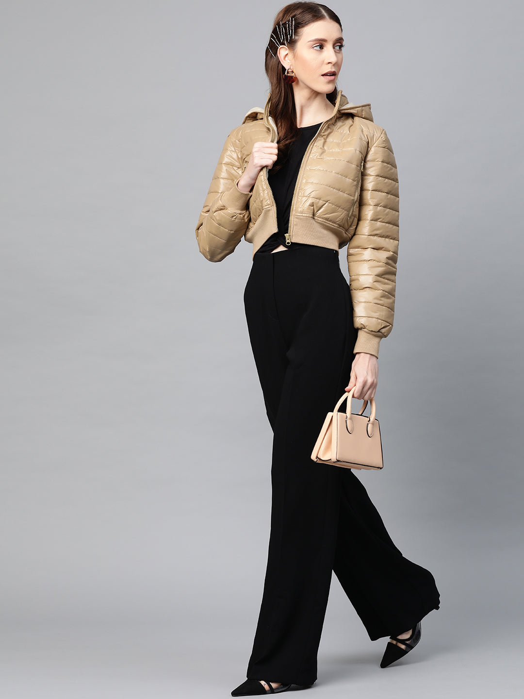 Women Khaki Hooded Crop Bomber Puffer Jacket