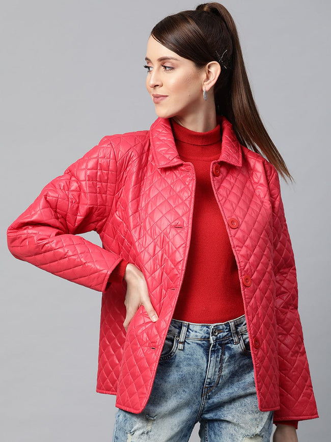 Women Red Collared Quilted Puffer Jacket