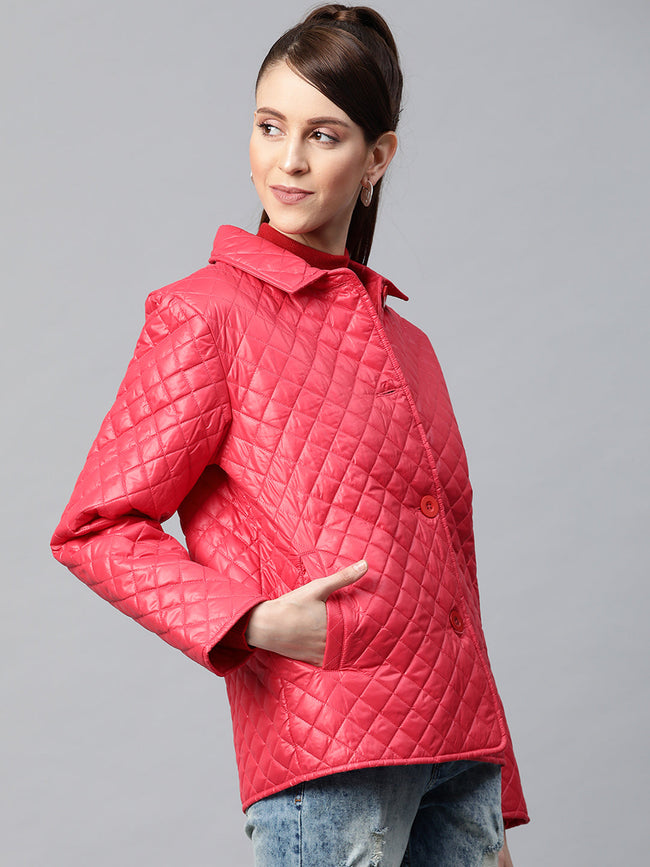 Women Red Collared Quilted Puffer Jacket