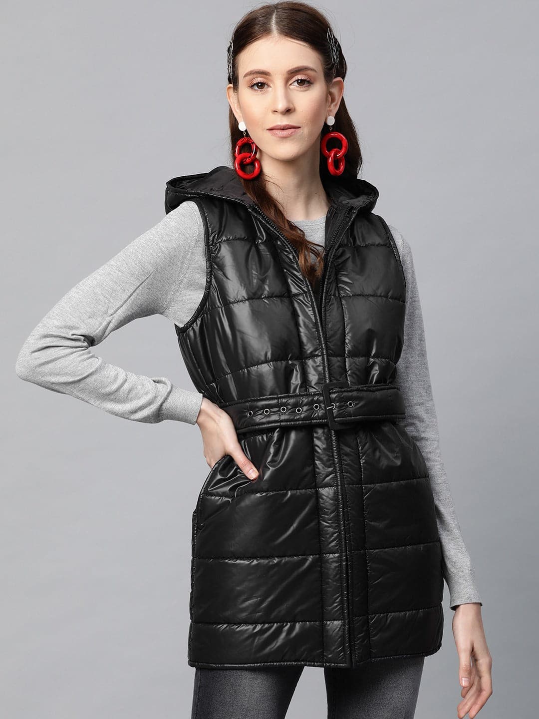 Women Black Belted Longline Hooded Quilted